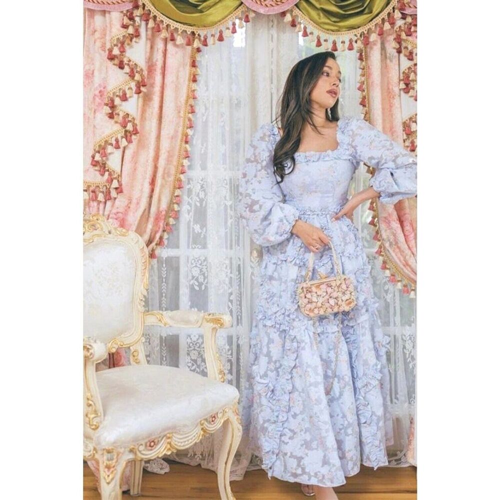 Needle & Thread Summer Blossom Blue Floral Milk Maid Maxi Dress Size US 2